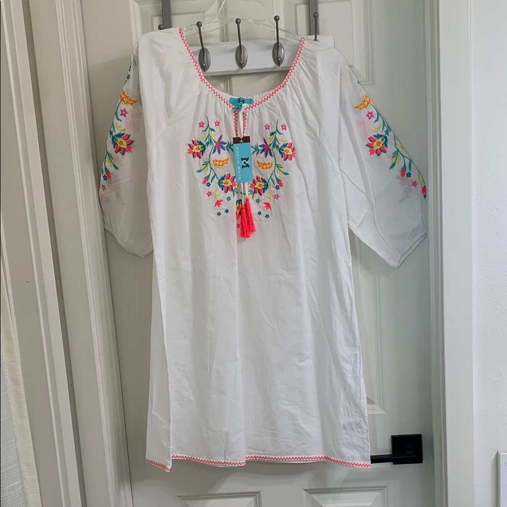 Embroidered White Dress /Cover Up with Colorful Floral Accents.